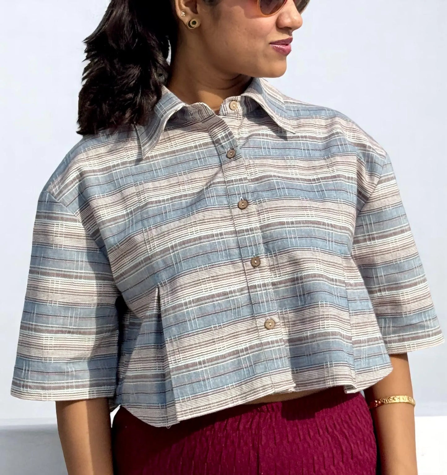 Noor Handwoven Crop Shirt – Soft Blue Stripes