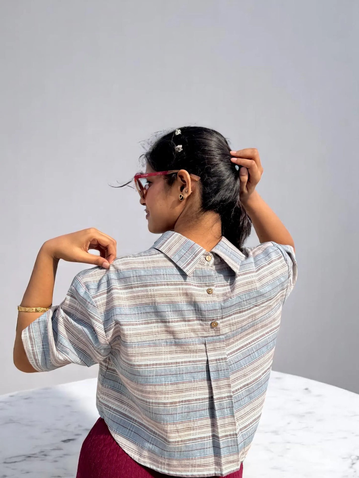 Back Noor Handwoven Crop Shirt – Soft Blue Stripes