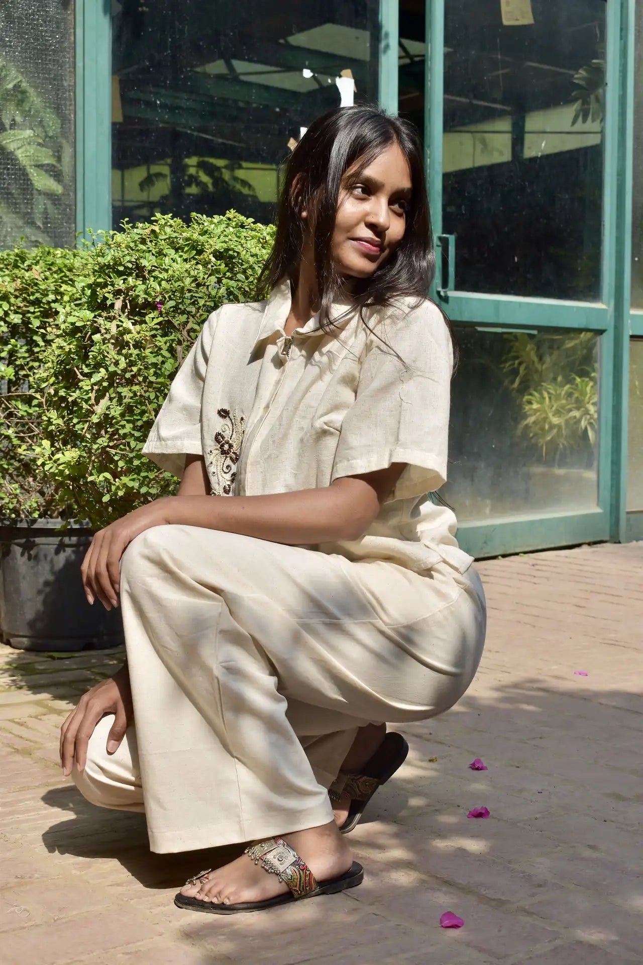 Beige Linen Top & Pants Set with Zip