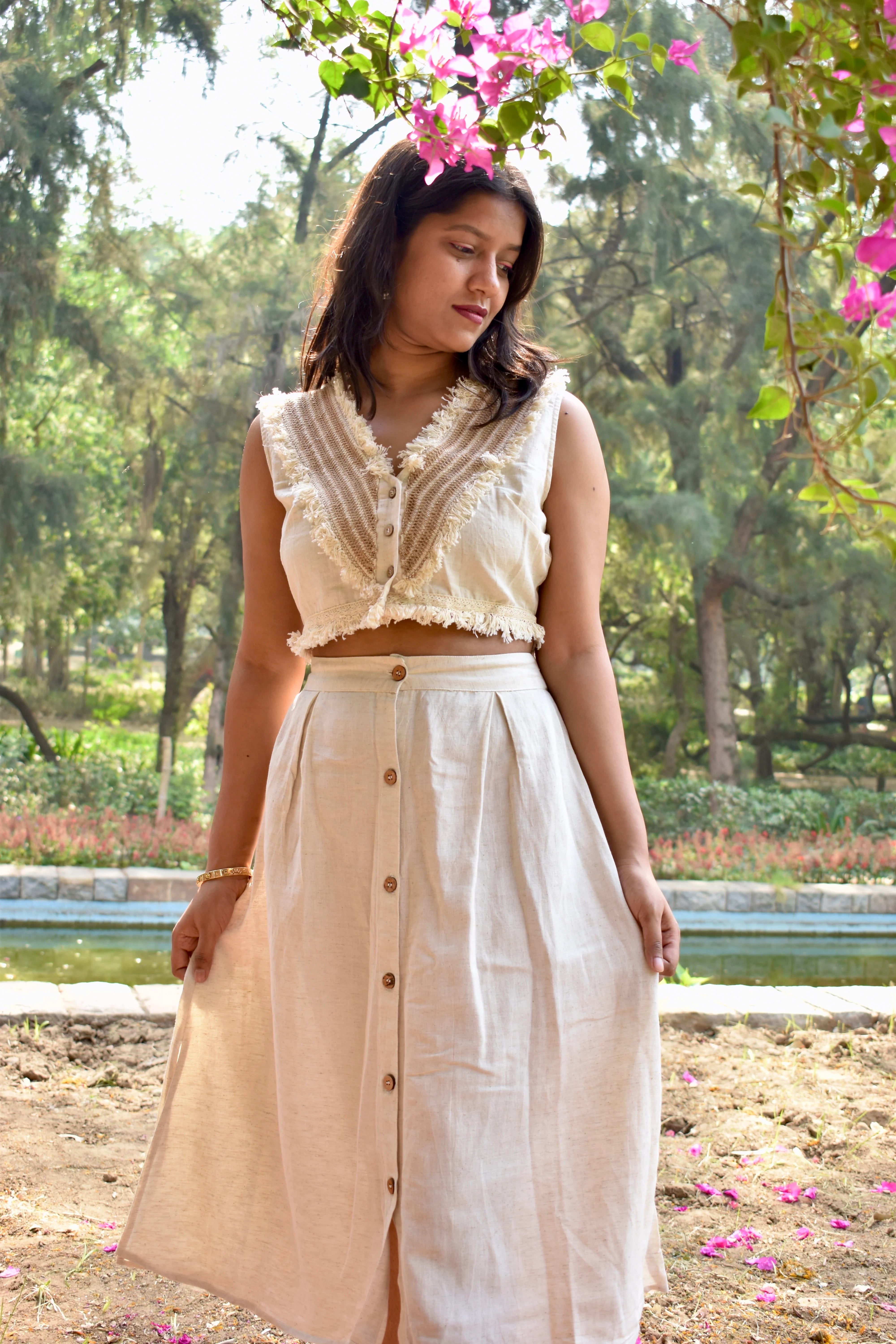 Diva Daulti beige linen crop top and skirt set