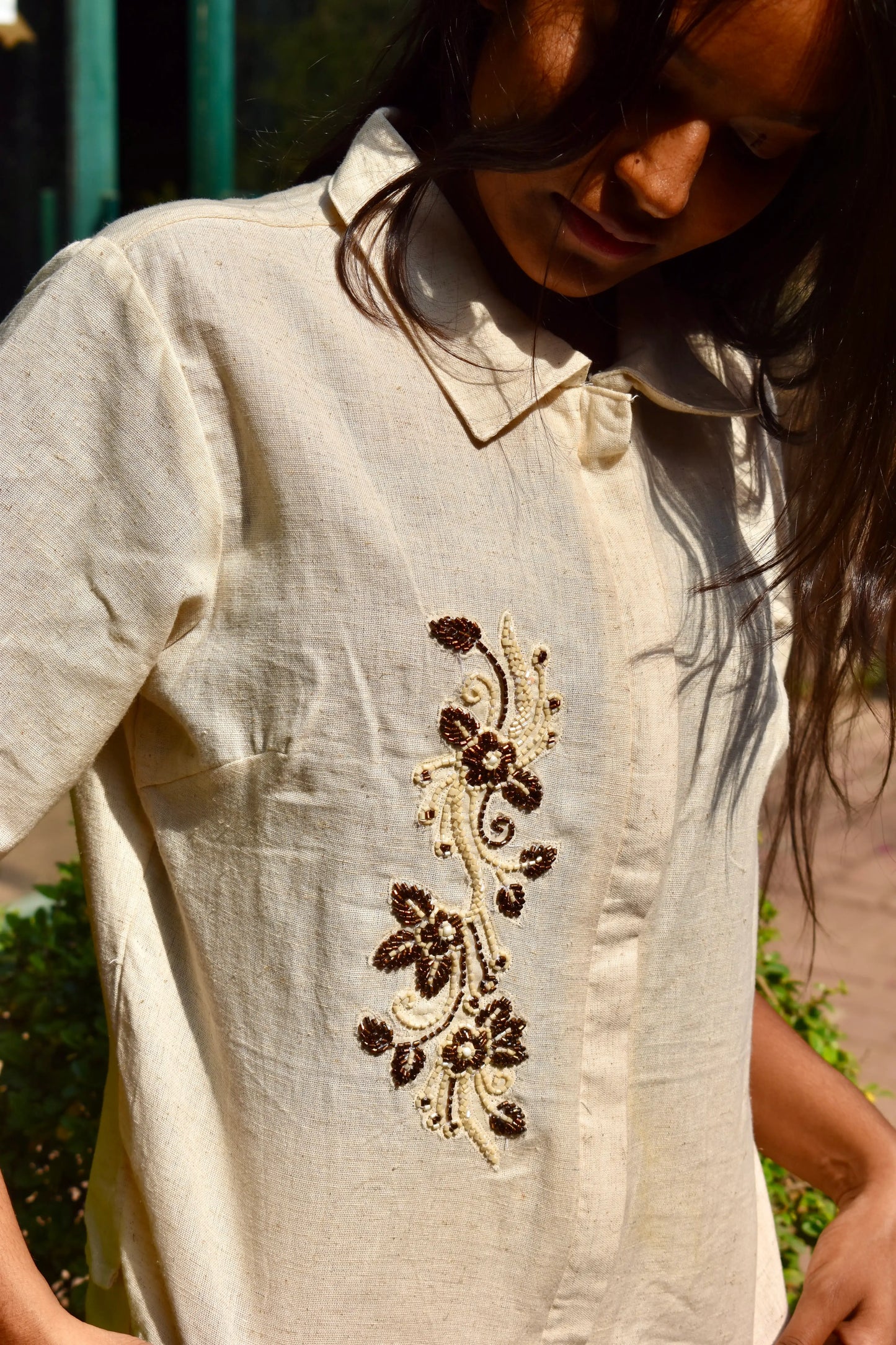 Beige Linen Top & Pants Set with Zip
