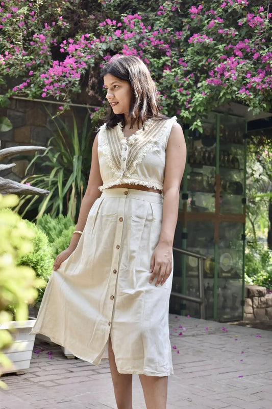 Diva Daulti beige linen crop top and skirt set