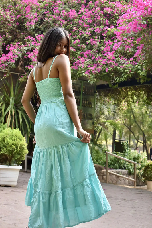 Diva Daulti aqua blue linen dress with smocked back