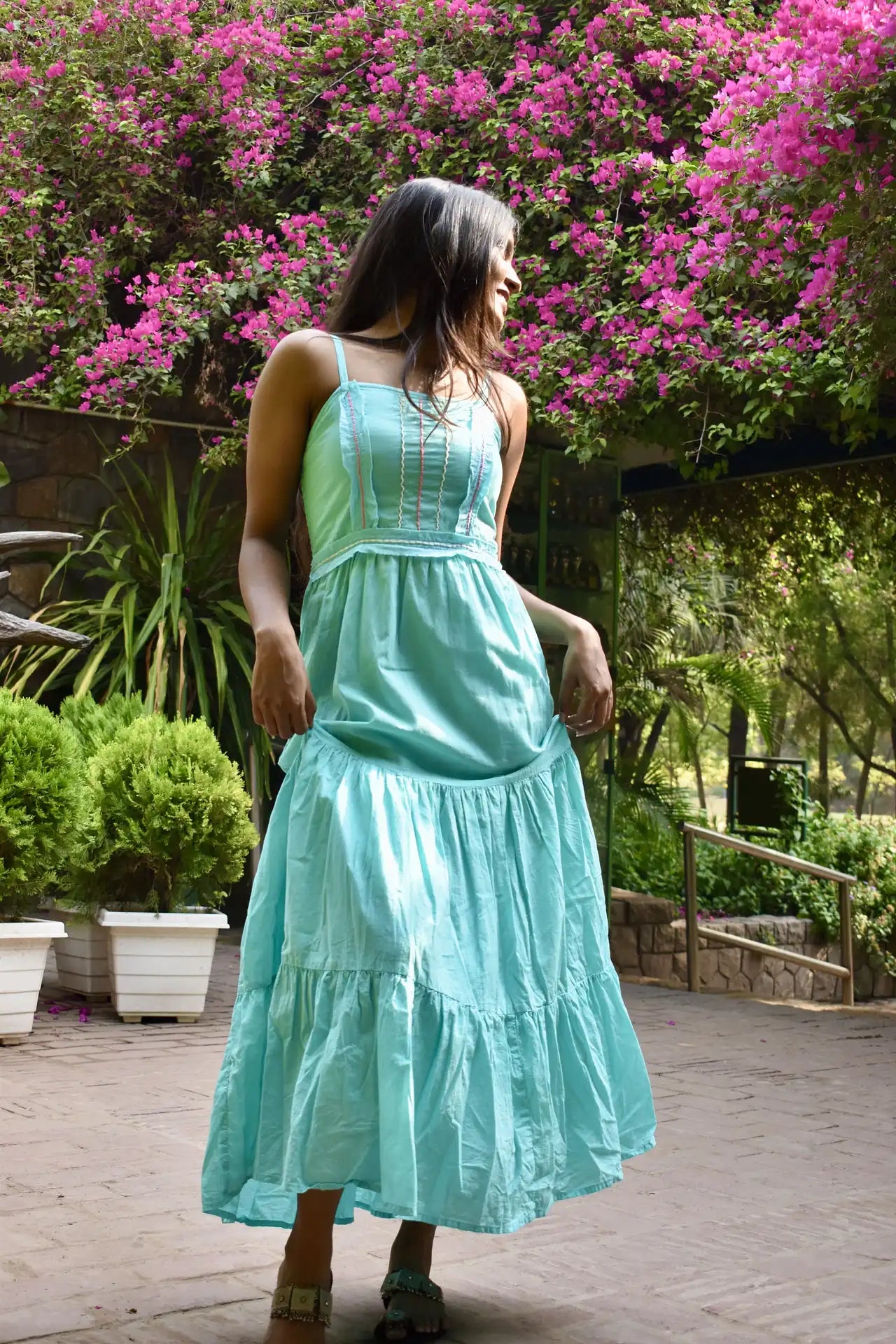 Diva Daulti aqua blue linen dress with smocked back