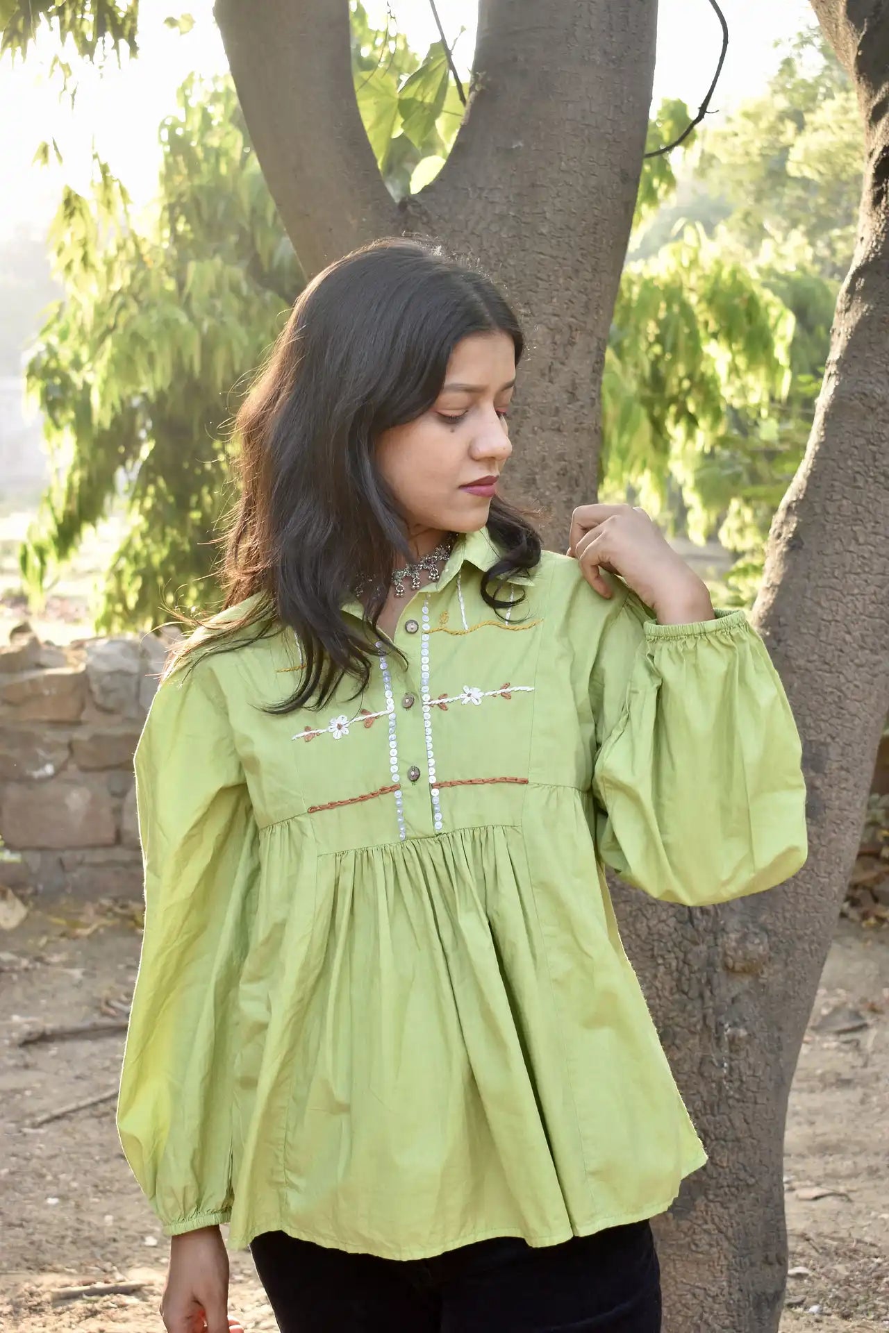 Diva Daulti pistachio green cotton top with floral details