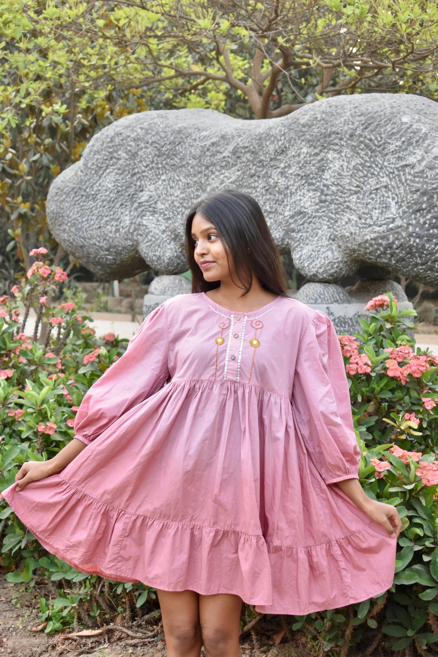 Dusty Rose Cotton Dress with Floral Details