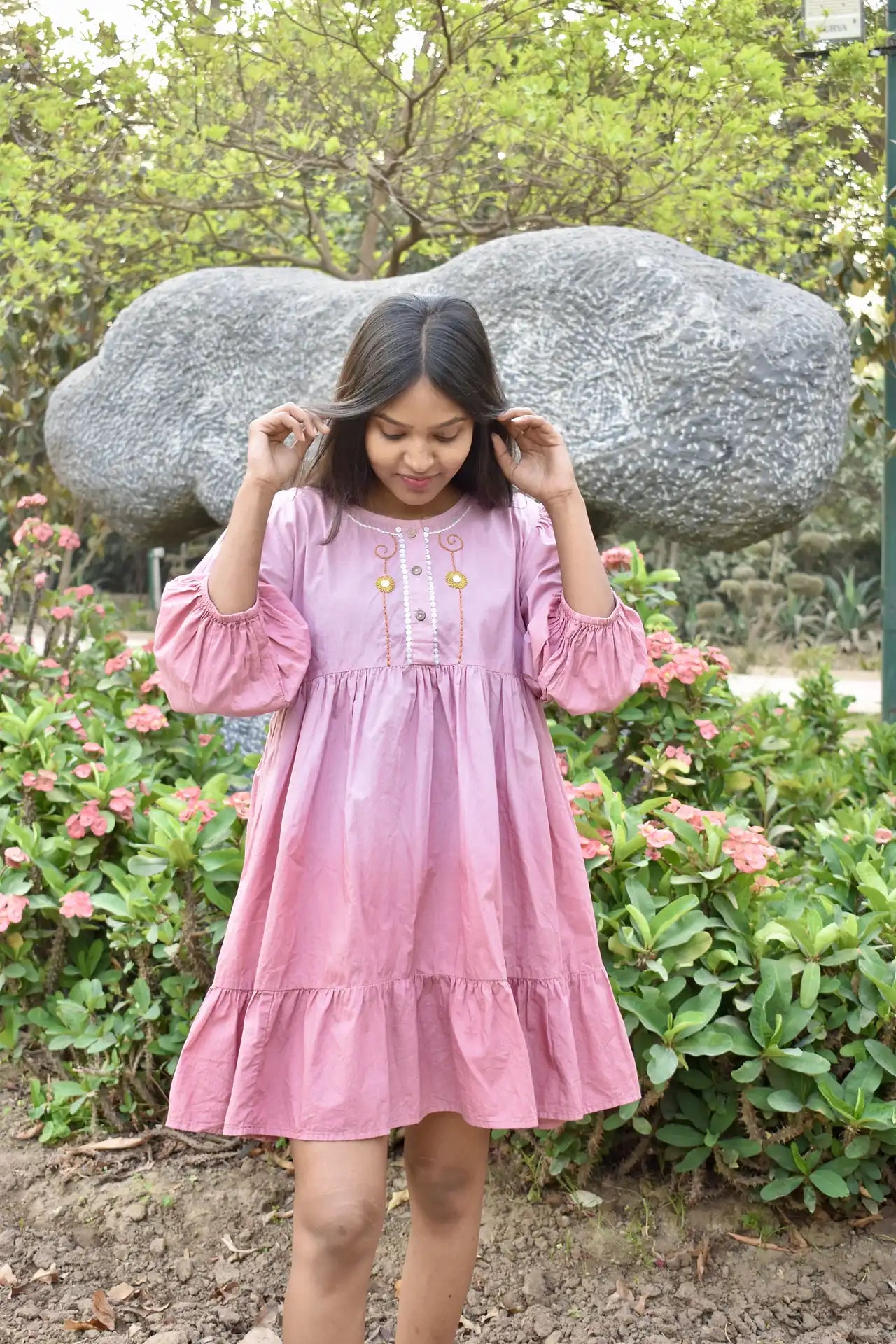 Dusty Rose Cotton Dress with Floral Details