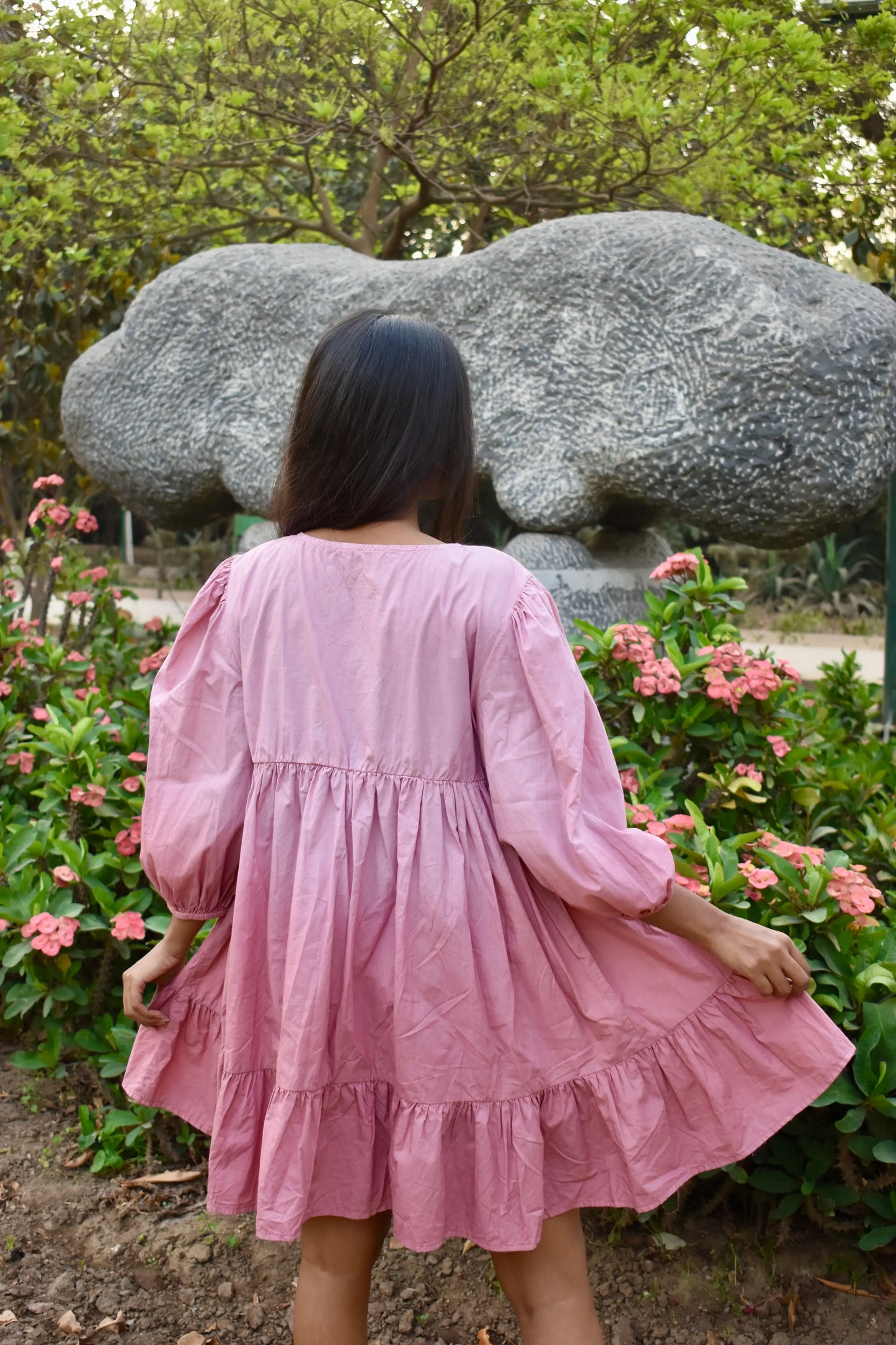Dusty Rose Cotton Dress with Floral Details