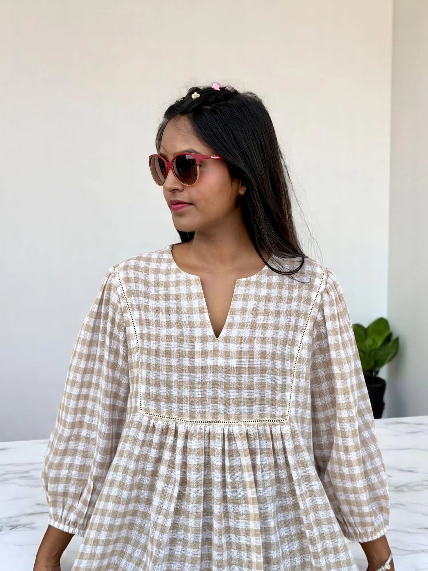 Aira Gingham Tunic Top – Beige & White Handwoven Checks