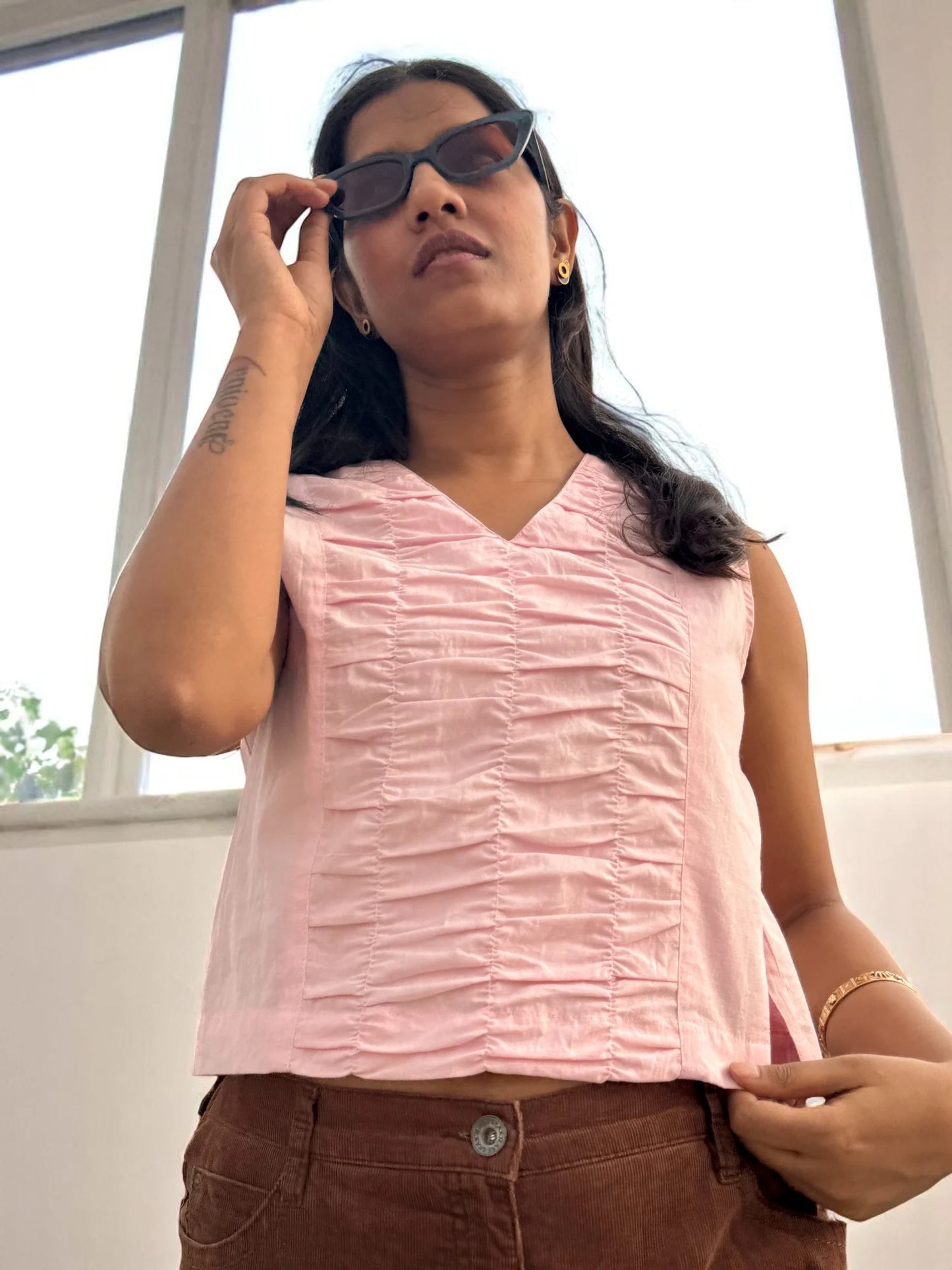 Rosa Ruched Sleeveless Top – Baby Pink