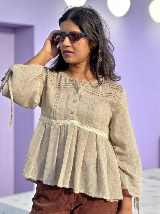 Tara Drawstring Handloom Top – Natural Khadi Beige