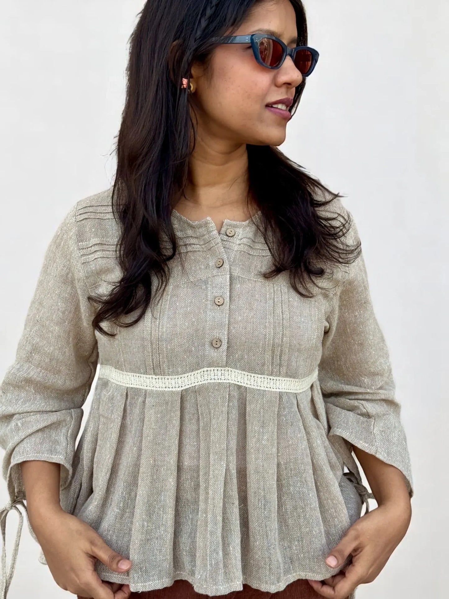 Tara Drawstring Handloom Top – Natural Khadi Beige