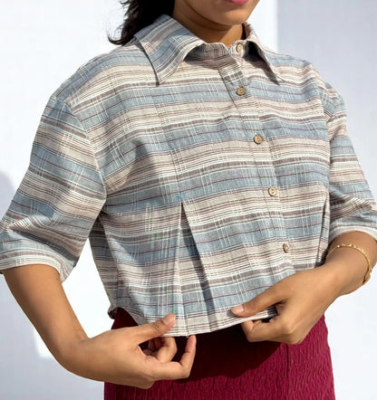 Noor Handwoven Crop Shirt – Soft Blue Stripes