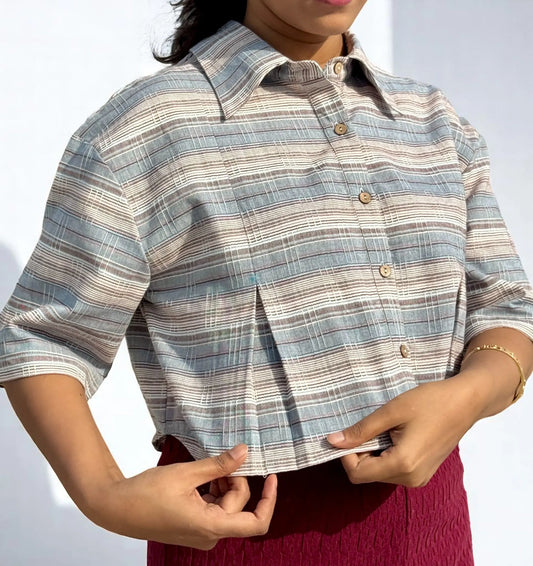 Noor Handwoven Crop Shirt – Soft Blue Stripes