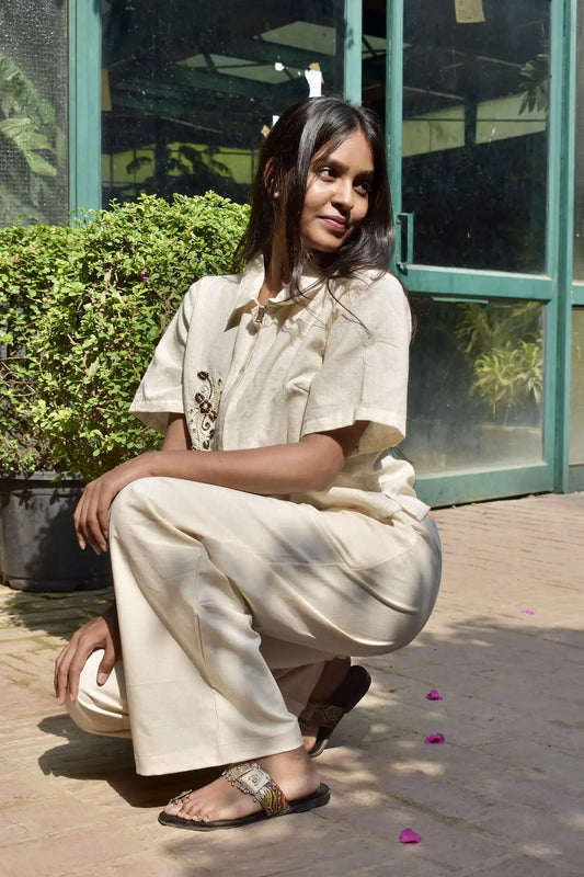 Beige Linen Top & Pants Set with Zip