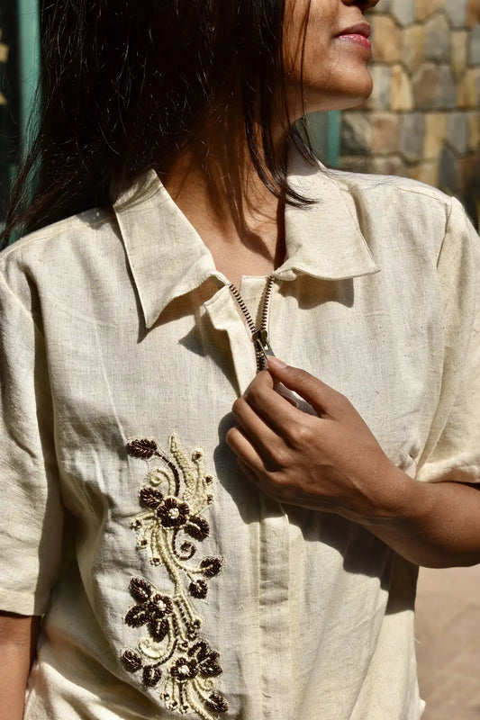 Beige Linen Top & Pants Set with Zip