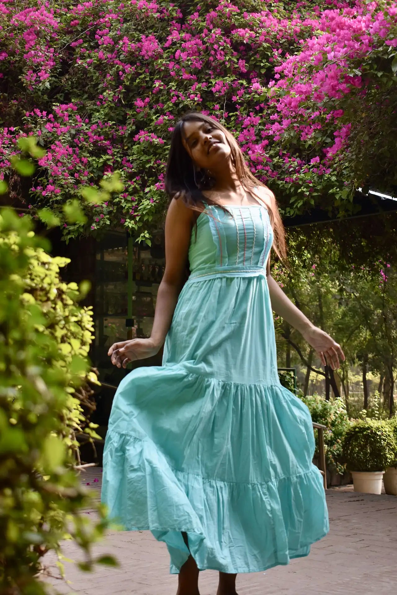Diva Daulti aqua blue linen dress with smocked back