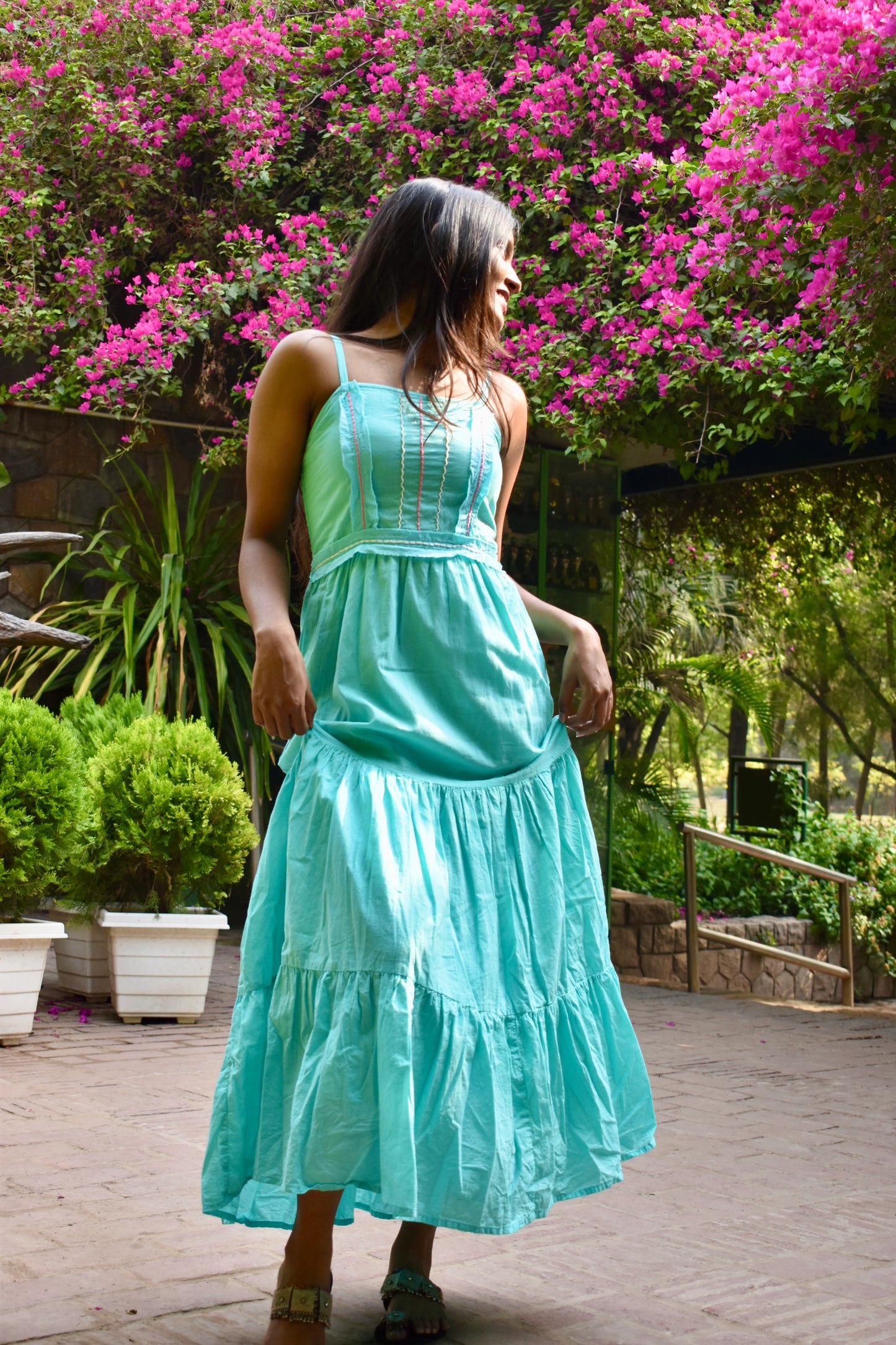 Diva Daulti aqua blue linen dress with smocked back