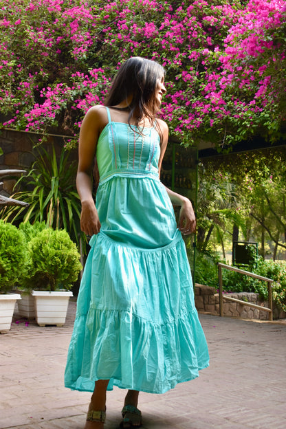 Diva Daulti aqua blue linen dress with smocked back