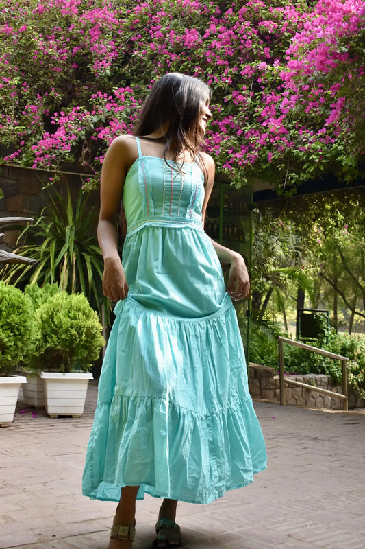 Diva Daulti aqua blue linen dress with smocked back