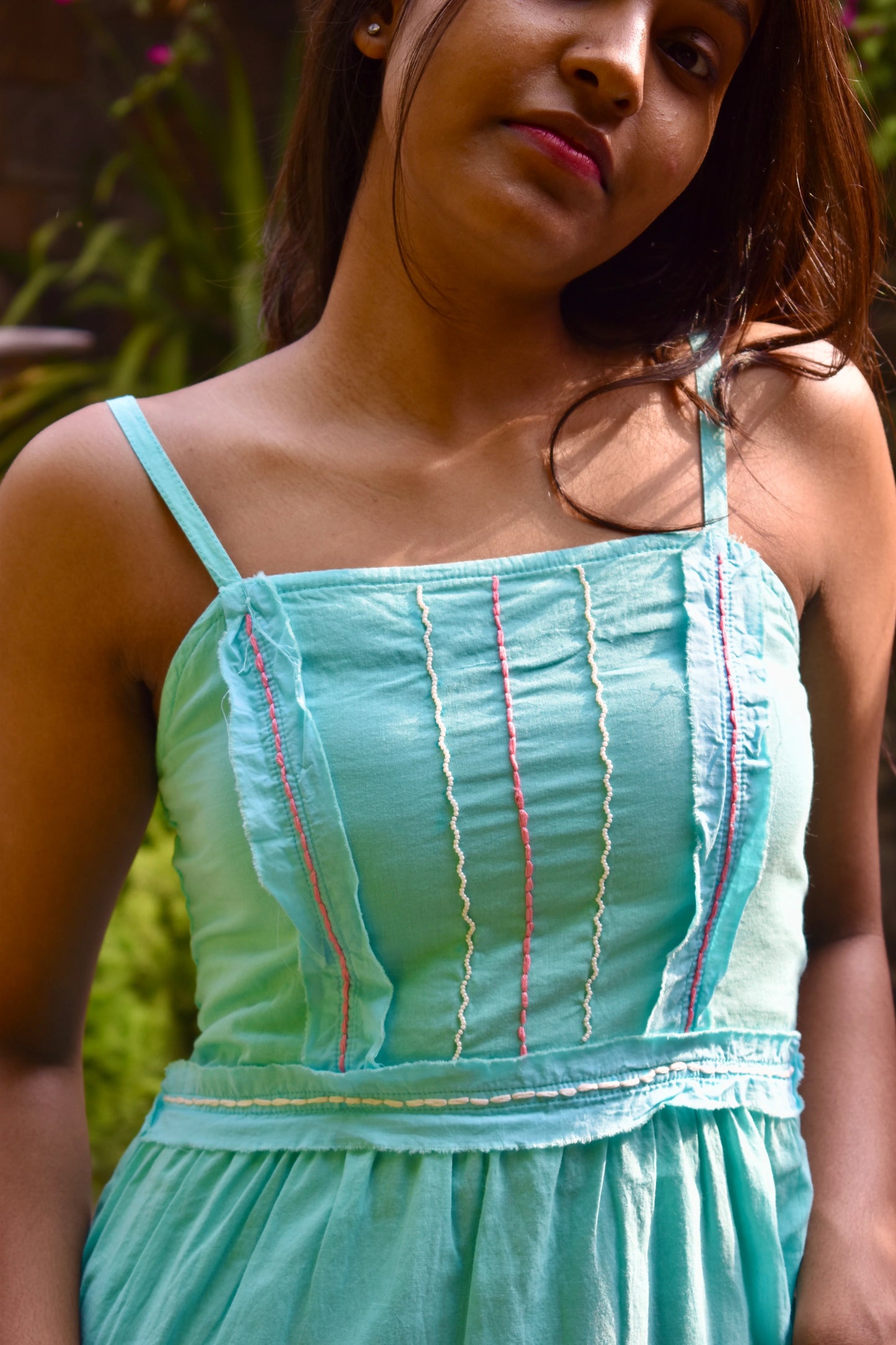 Diva Daulti aqua blue linen dress with smocked back