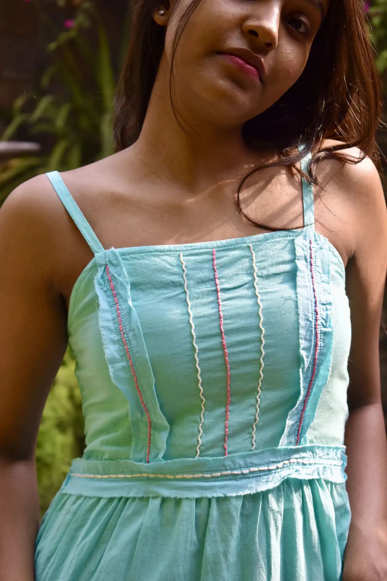 Diva Daulti aqua blue linen dress with smocked back