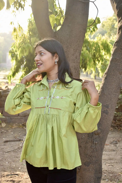 Diva Daulti pistachio green cotton top with floral details
