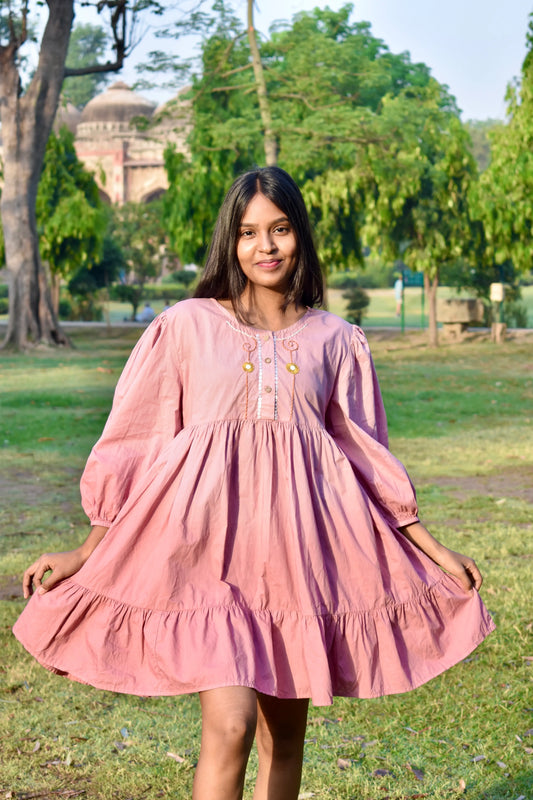 Dusty Rose Cotton Dress with Floral Details