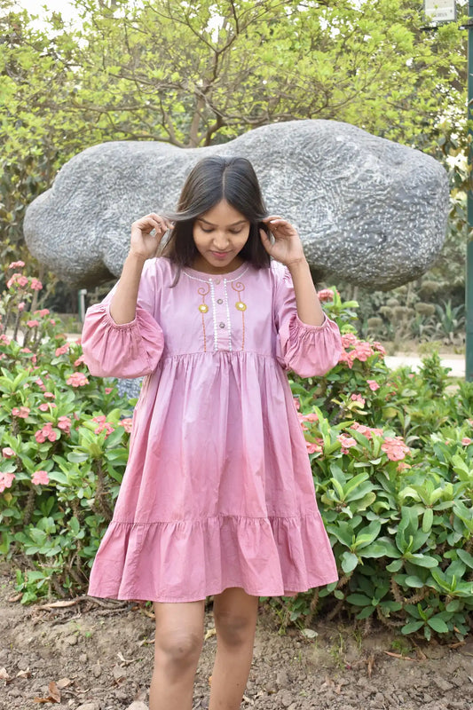 Dusty Rose Cotton Dress with Floral Details