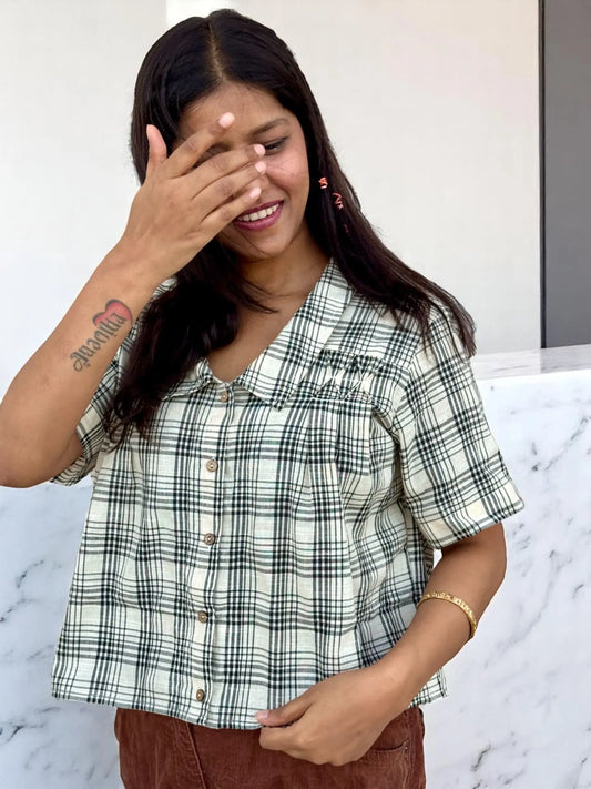 Aaira Smocked Plaid Shirt – Ivory & Green Checks