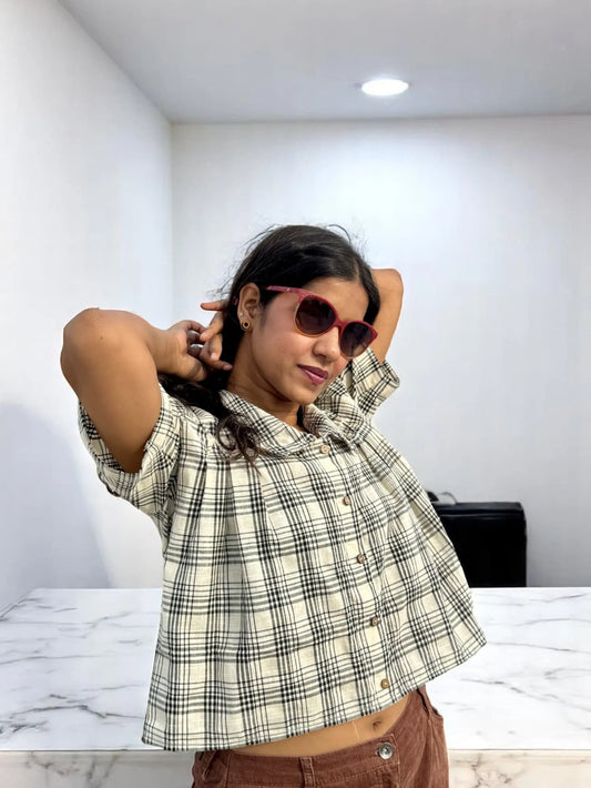 Aaira Smocked Plaid Shirt – Ivory & Green Checks