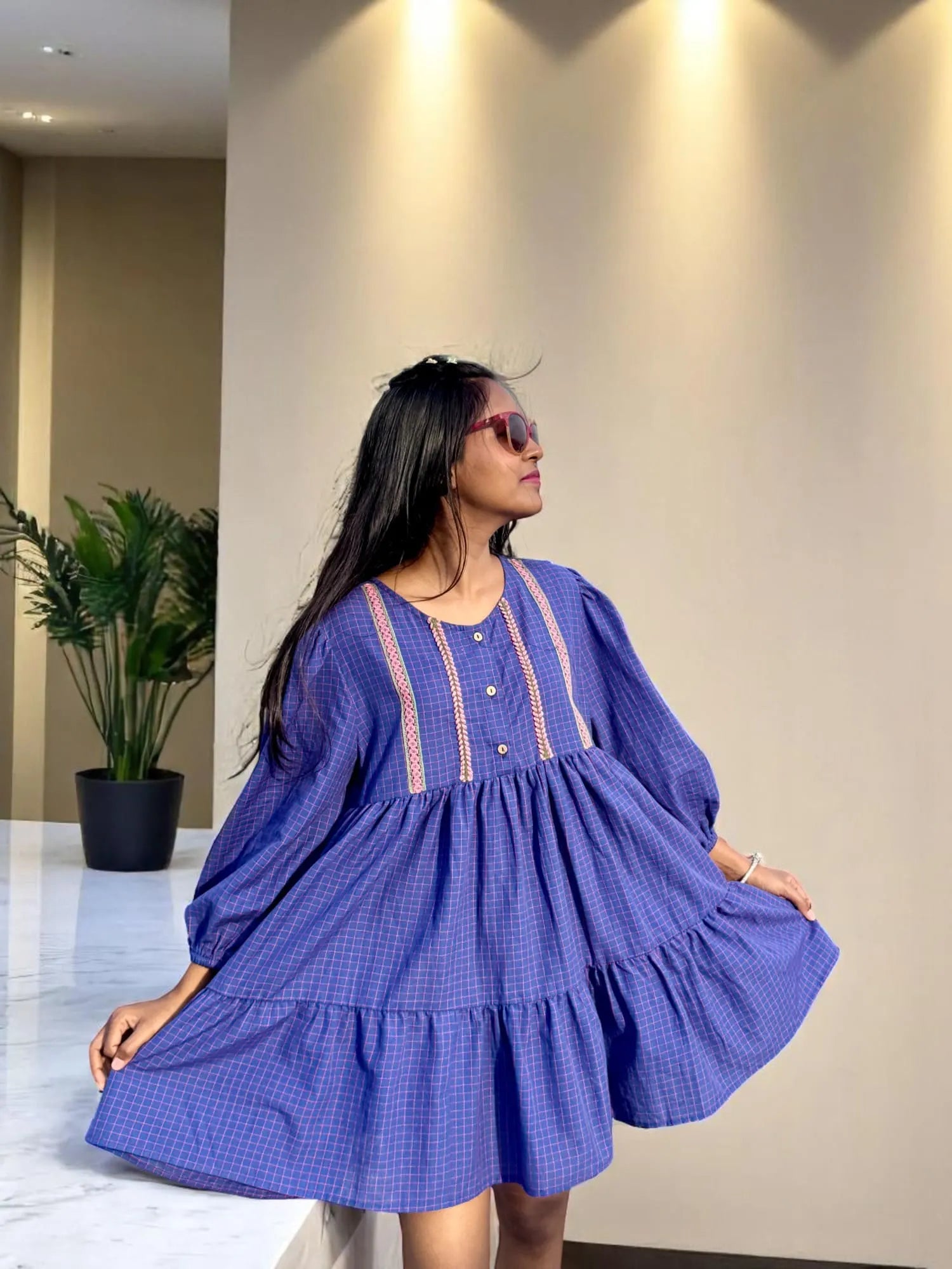 Maahi Handwoven Tiered Dress – Indigo Grid with Braided Detail