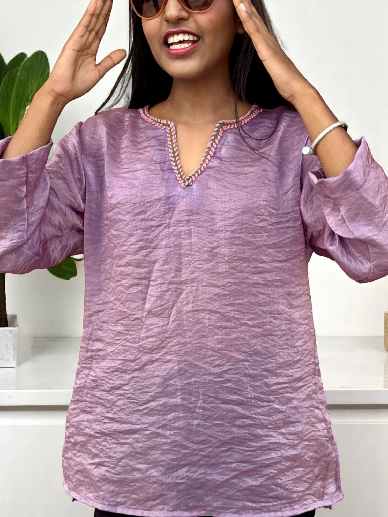Lavender Glimmer Kurta – Sheer Shine with Hand-Embroidered Neckline