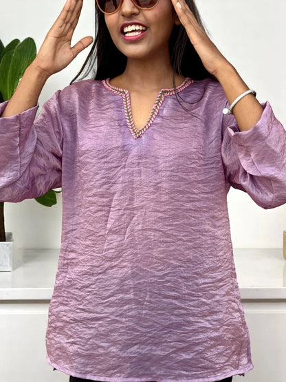 Lavender Glimmer Kurta – Sheer Shine with Hand-Embroidered Neckline