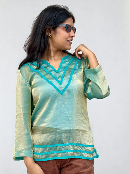 Noor Organza Kurta – Mint Green & Aqua Accents