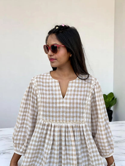 Aira Gingham Tunic Top – Beige & White Handwoven Checks