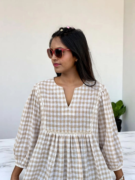 Aira Gingham Tunic Top – Beige & White Handwoven Checks