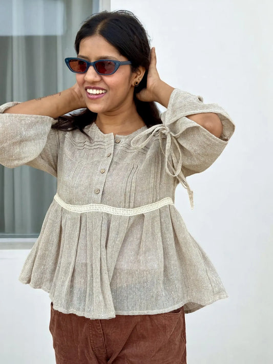 Tara Drawstring Handloom Top – Natural Khadi Beige
