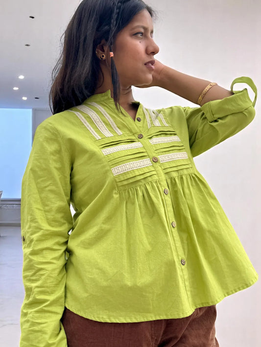 Naira Pintuck Cotton Shirt – Fresh Lime Green