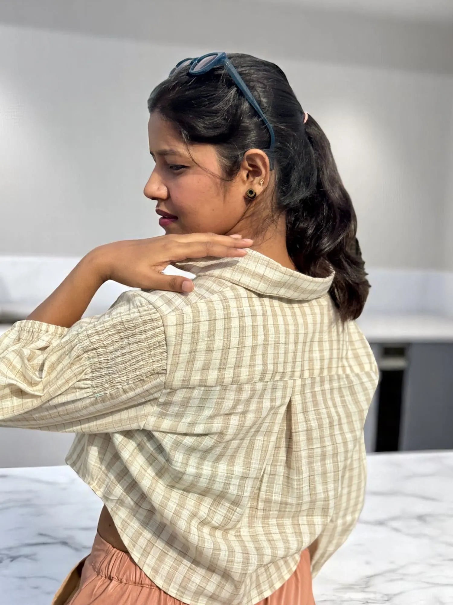 Ina Neutral Check Crop Shirt – Soft Beige & Earthy Browns