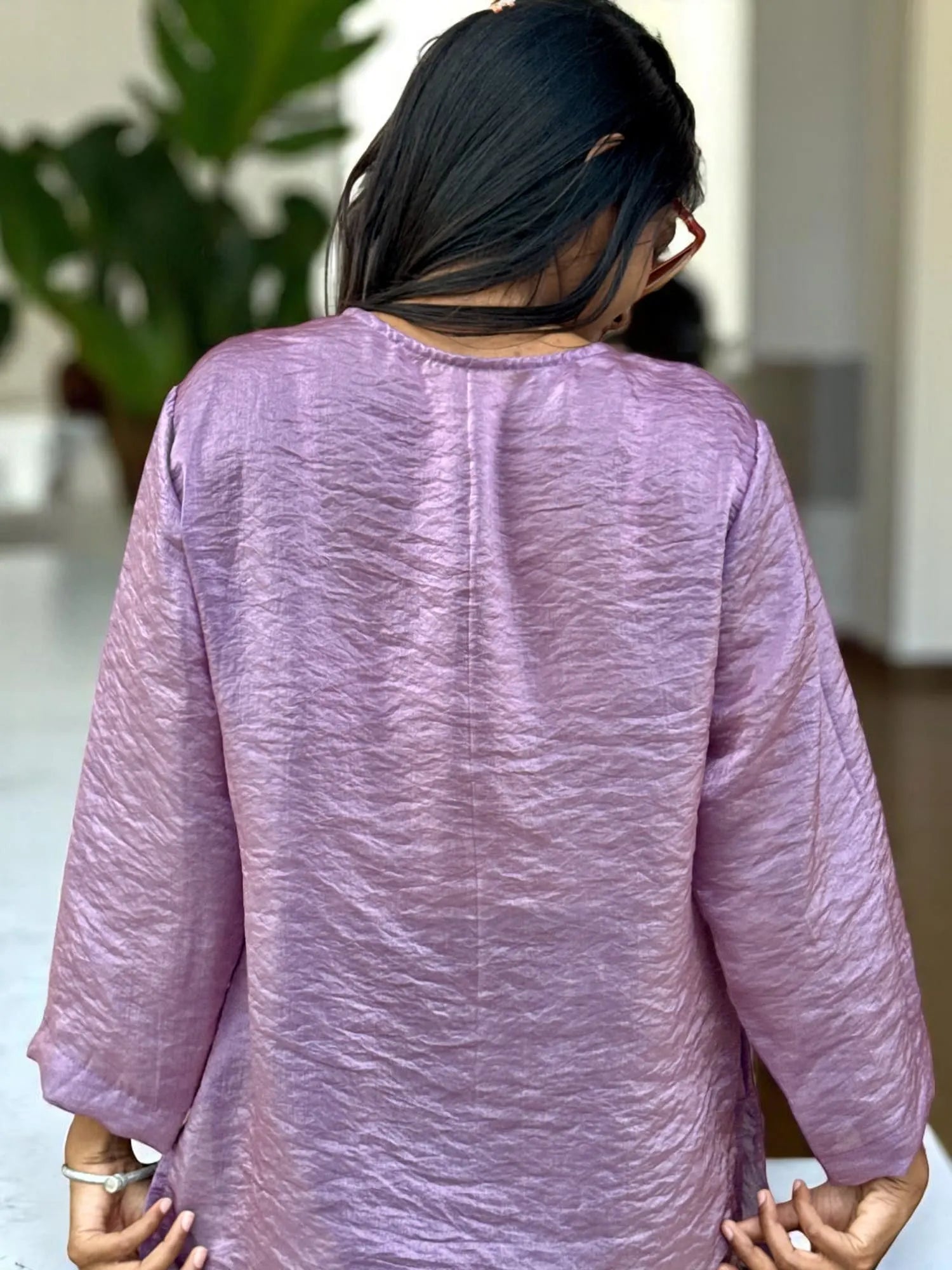 Lavender Glimmer Kurta – Sheer Shine with Hand-Embroidered Neckline