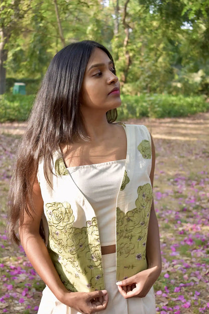 Olive Embroidered Linen Vest Set