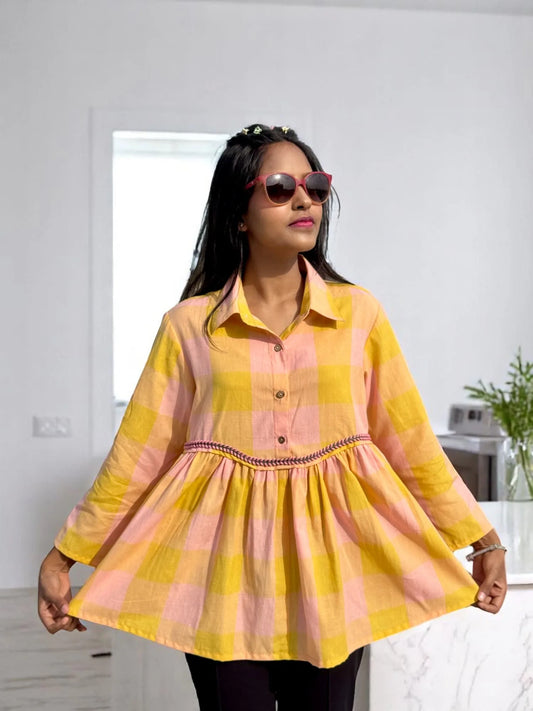 Meher Candy Check Peplum Shirt – Yellow & Blush Pink