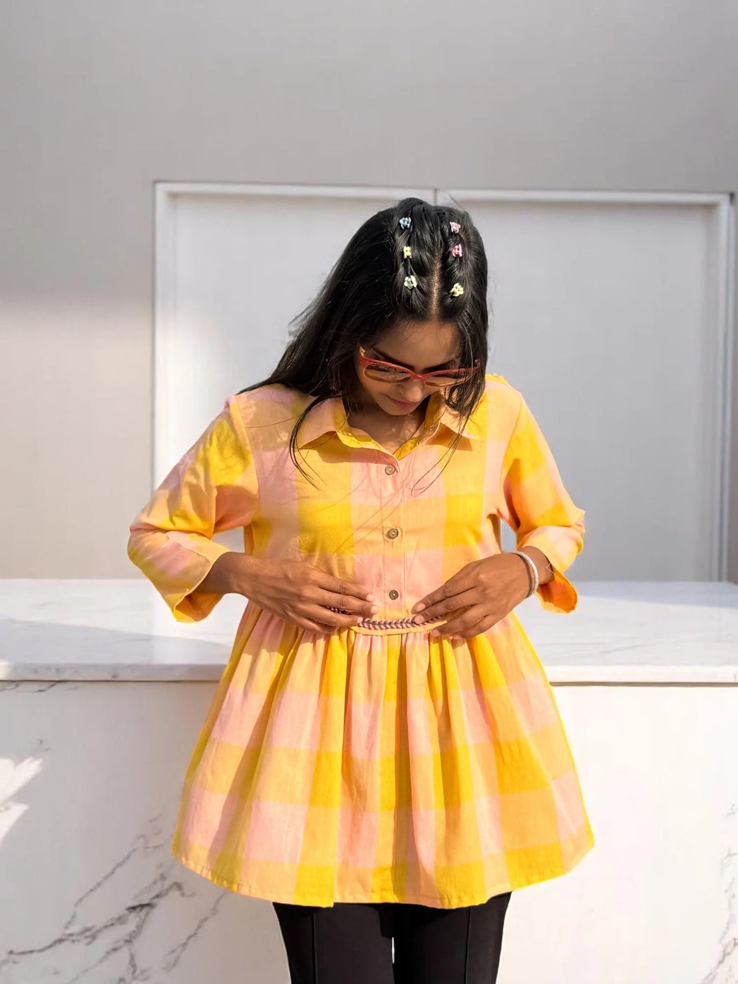 Meher Candy Check Peplum Shirt – Yellow & Blush Pink