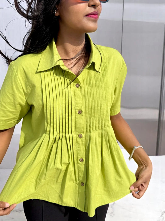 Zoya Pleated Shirt – Lime Pop Green