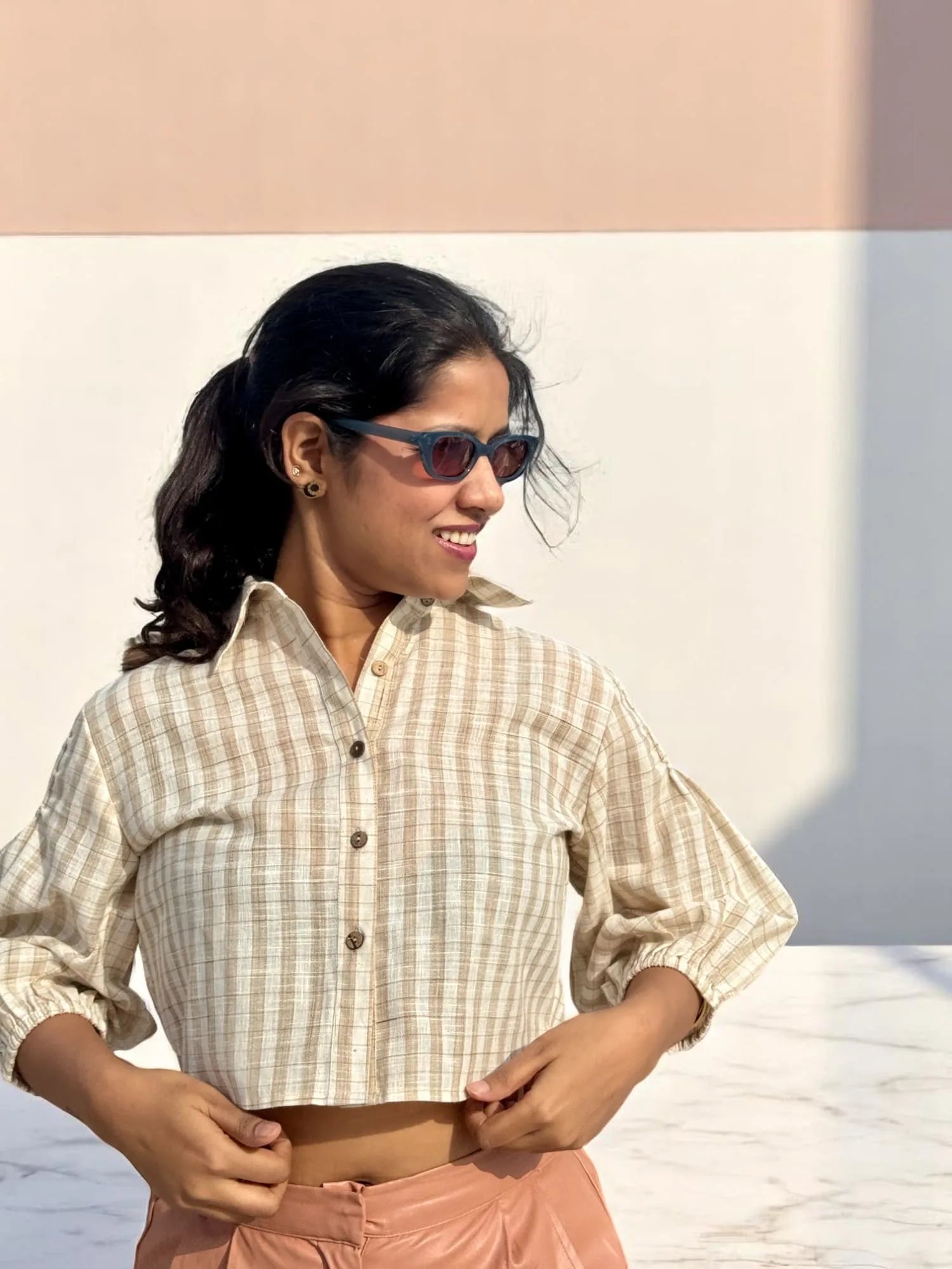 Ina Neutral Check Crop Shirt – Soft Beige & Earthy Browns