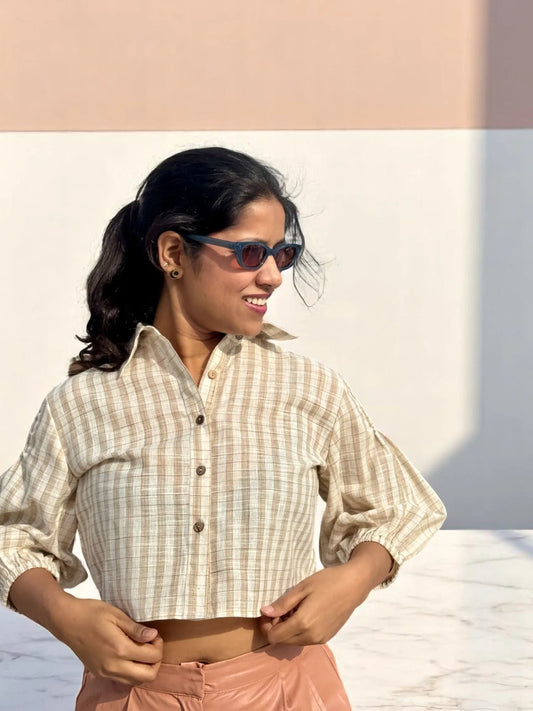 Ina Neutral Check Crop Shirt – Soft Beige & Earthy Browns