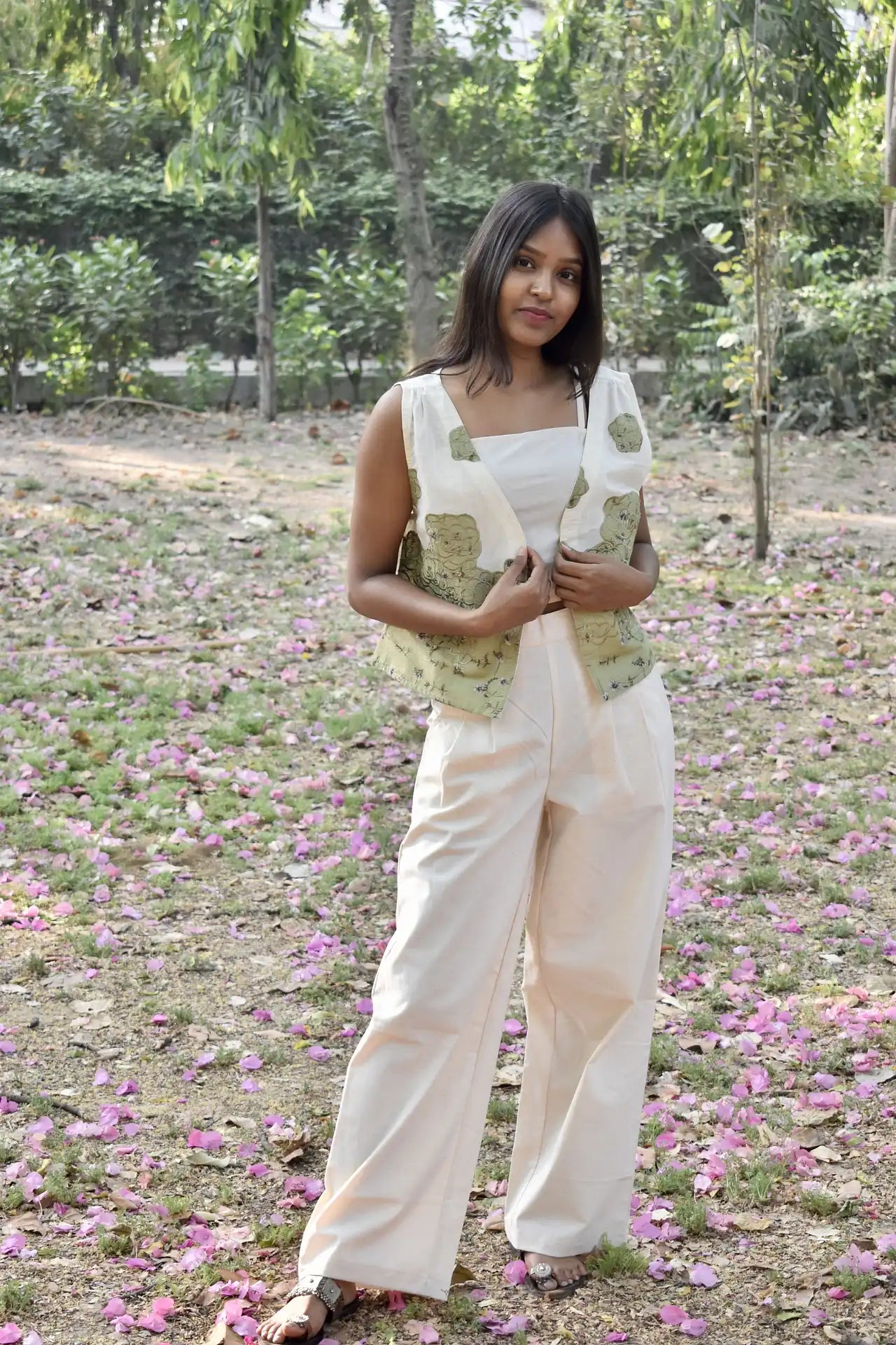 Olive Embroidered Linen Vest Set