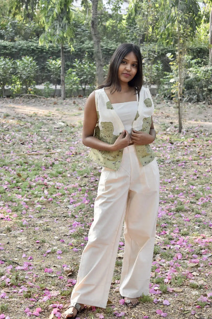 Olive Embroidered Linen Vest Set