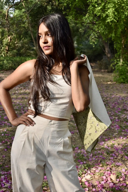 Olive Embroidered Linen Vest Set